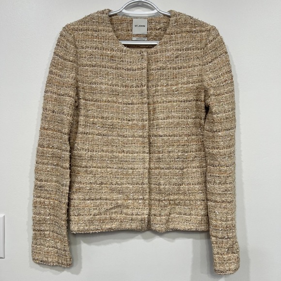 St. John Jackets & Blazers - St John Womens Blazer Jacket 4 Tan Tweed Cotton Linen Career Snap Button Crew